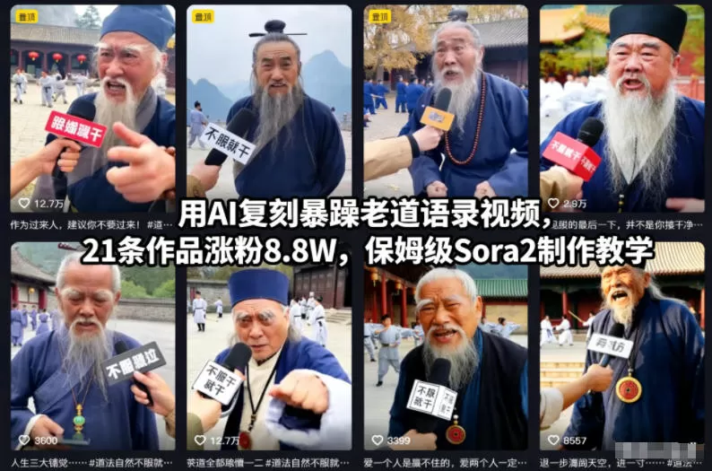 用AI复刻暴躁老道语录视频，21条作品涨粉8.8W，保姆级Sora2制作教学-互为学习资料库
