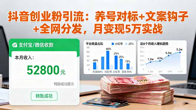 抖音创业粉引流：养号对标+文案钩子+全网分发，月变现5万实战-互为学习资料库