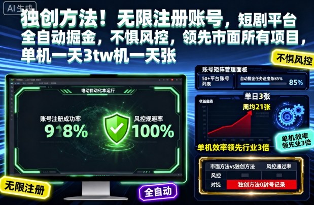 独创方法！无限注册账号，短剧平台全自动掘金，不惧风控，领先市面所有项目，单机一天3张【揭秘】-互为学习资料库