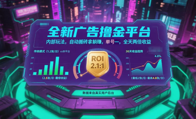 全新广告撸金平台,内部玩法,自动搬砖拿躺賺,单号一天保底2张+,全天两倍收益【揭秘】