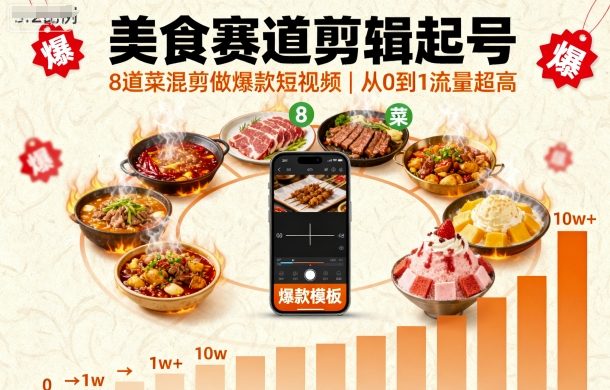 美食赛道剪辑起号，8道菜混剪做爆款短视频，从0到1，流量超高-互为学习资料库