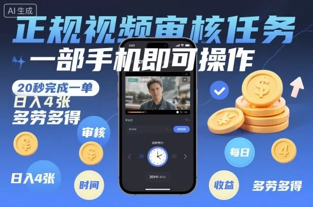 正规视频审核任务,一部手机即可操作,20秒完成一单,日入4张,多劳多得【揭秘】-互为学习资料库